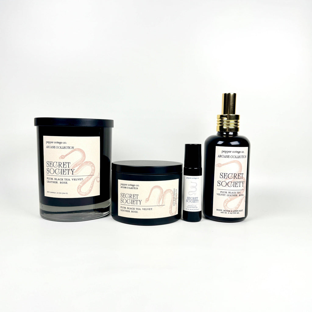 Secret Society 5.5 oz Candle Tin | Plum, Black Tea, Velvet, Leather, Rose | Dark Academia Soy Candle