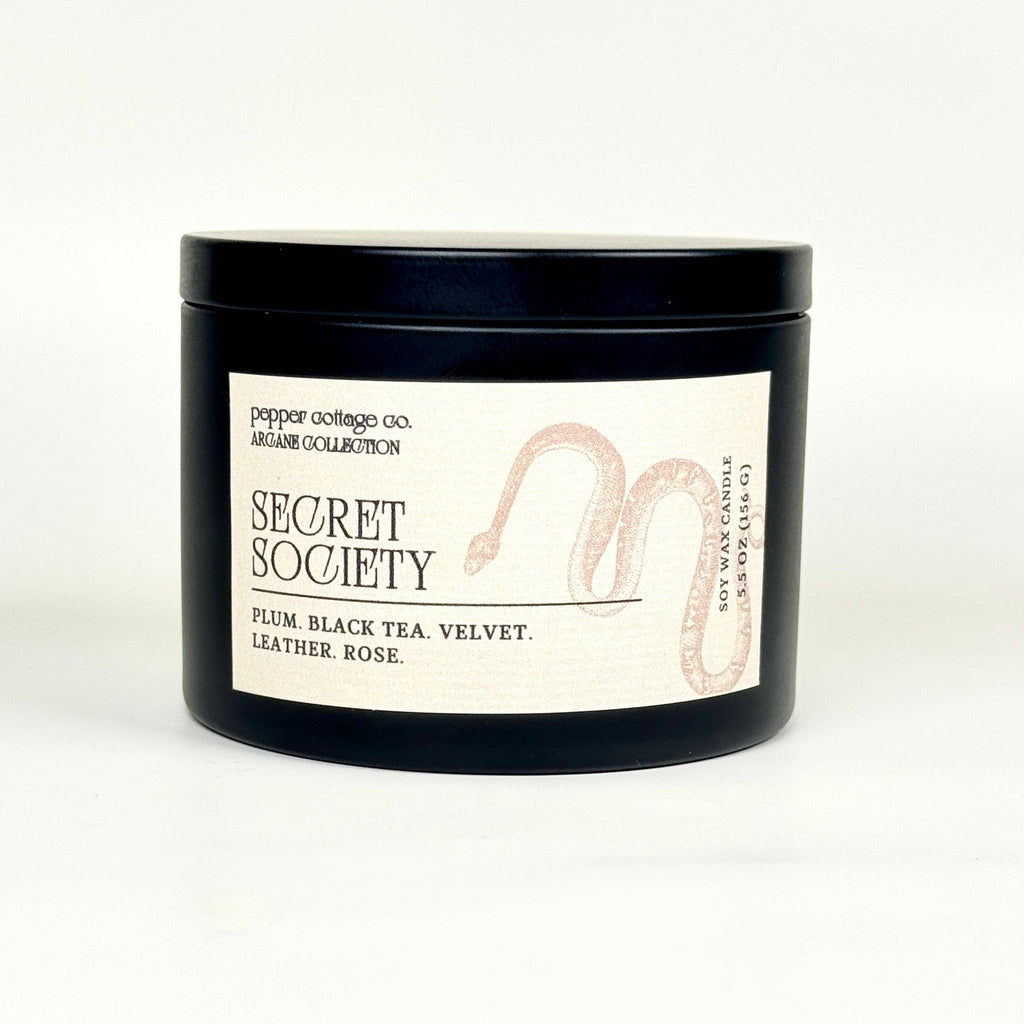 Secret Society 5.5 oz Candle Tin | Plum, Black Tea, Velvet, Leather, Rose | Dark Academia Soy Candle