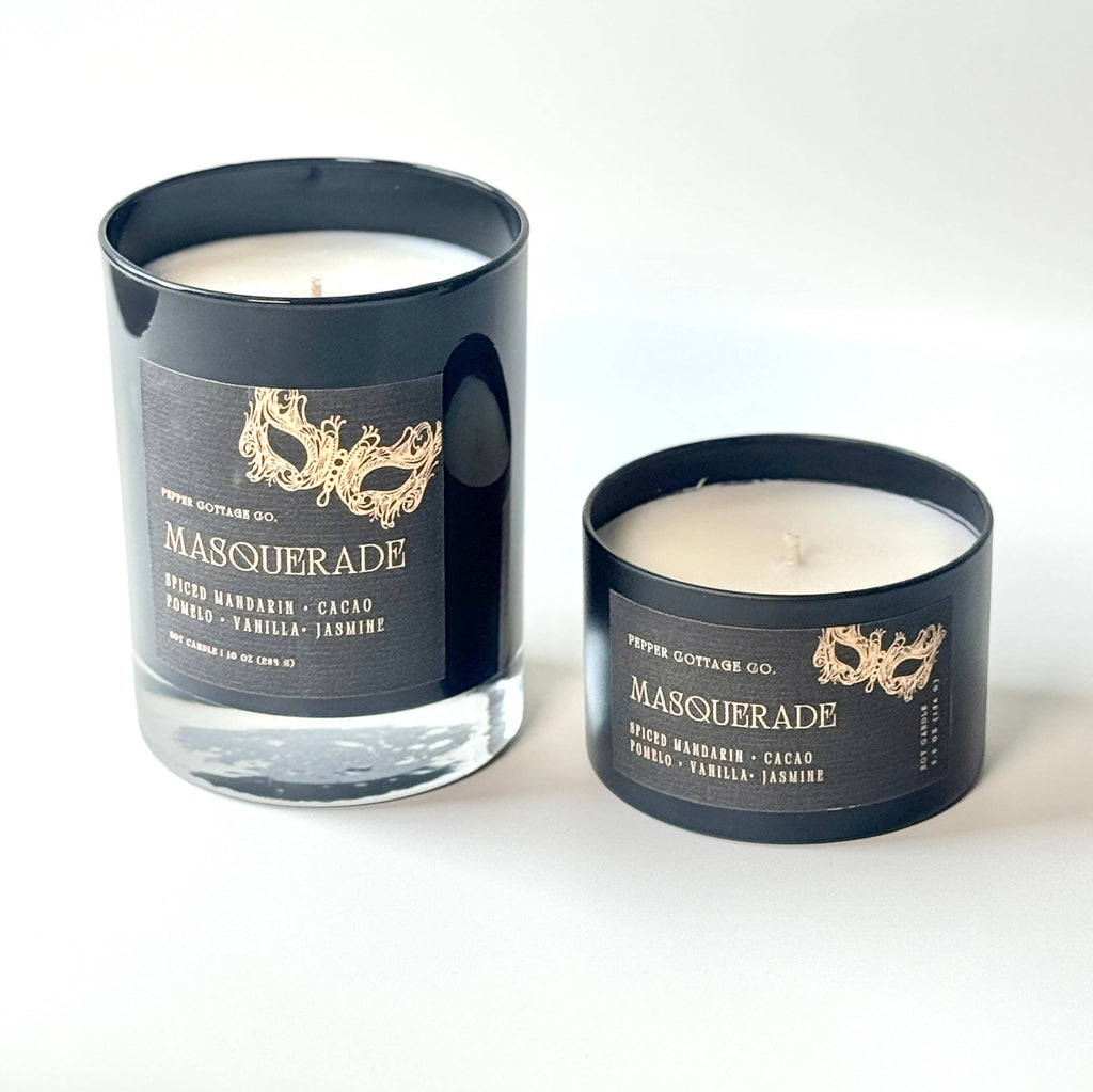 Masquerade 5.5 oz Candle Tin | Spiced Mandarin, Cacao, Pomelo, Vanilla, Jasmine | Spiced Citrus Floral Dark Academia Soy Candle