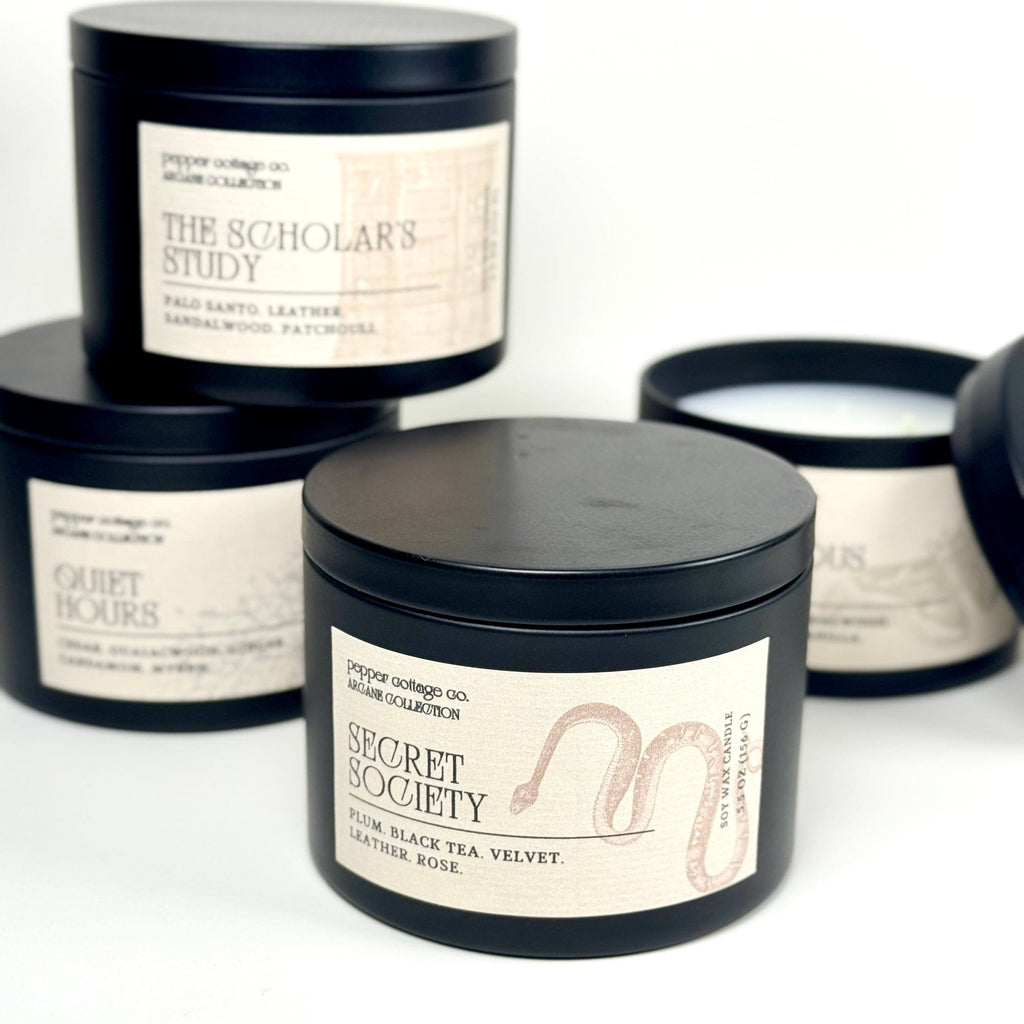 Secret Society 5.5 oz Candle Tin | Plum, Black Tea, Velvet, Leather, Rose | Dark Academia Soy Candle
